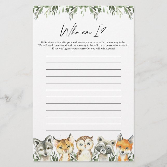 Woodland Baby Shower Who Am I Game (Front)