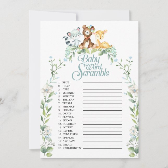 Woodland Baby Shower Word Scramble Game Invitation (Front)