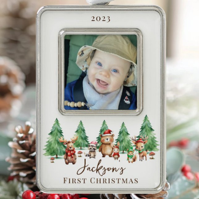  Woodland Baby's 1ST Christmas 2 Sided Photo Silver Plated Framed Ornament (Creator Uploaded)