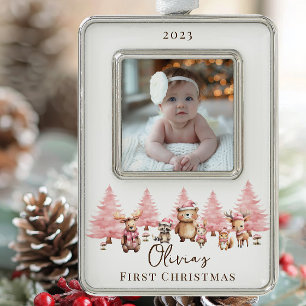 Woodland Baby's 1ST Christmas 2 Sided Photo Silver Plated Framed Ornament