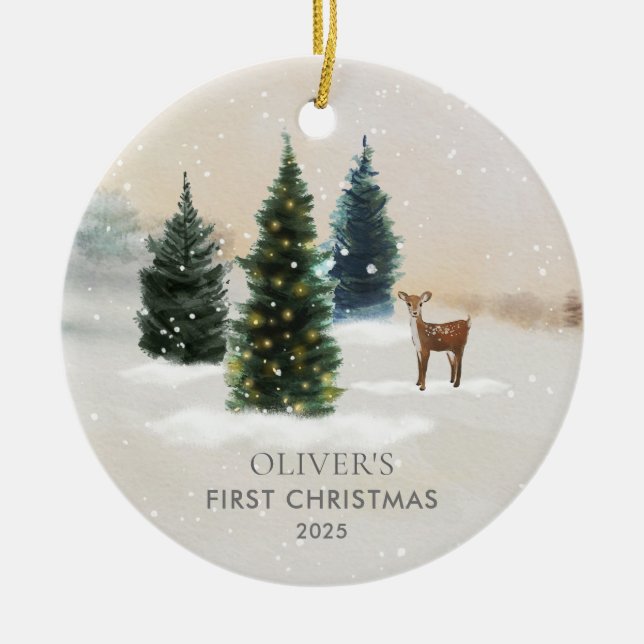Woodland Baby's First Christmas Photo Ceramic Tree Decoration (Front)
