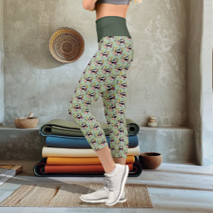 Woodland Badger Wildflowers Mushrooms Sage Green Capri Leggings
