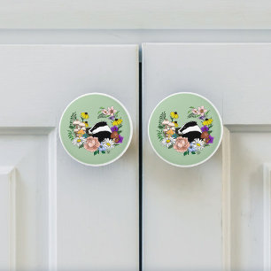 Woodland Badger Wildflowers Mushrooms Sage Green Ceramic Knob