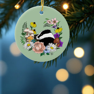 Woodland Badger Wildflowers Mushrooms Sage Green Ceramic Tree Decoration
