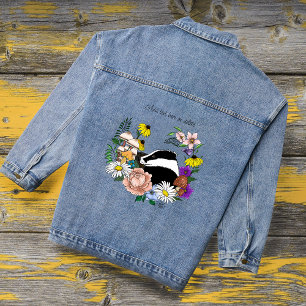 Woodland Badger Wildflowers Mushrooms Sage Green Denim Jacket