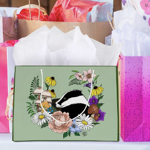 Woodland Badger Wildflowers Mushrooms Sage Green Large Gift Bag