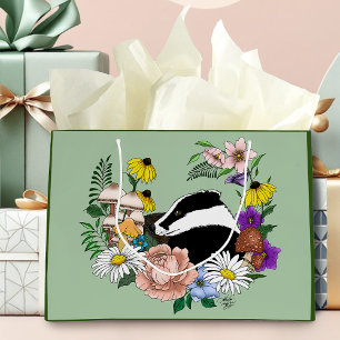 Woodland Badger Wildflowers Mushrooms Sage Green Large Gift Bag