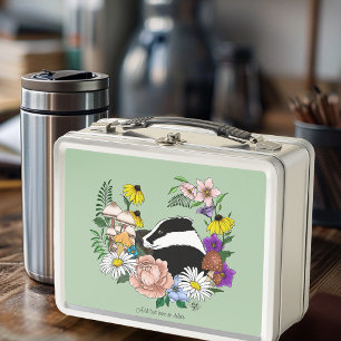 Woodland Badger Wildflowers Mushrooms Sage Green Metal Lunch Box