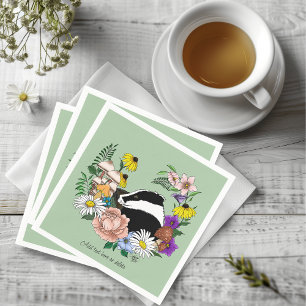 Woodland Badger Wildflowers Mushrooms Sage Green Napkin