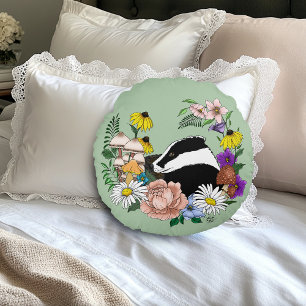Woodland Badger Wildflowers Mushrooms Sage Green Round Cushion