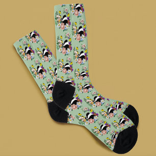 Woodland Badger Wildflowers Mushrooms Sage Green Socks