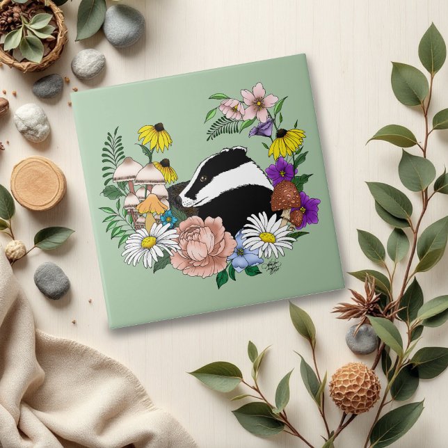 Woodland Badger Wildflowers Mushrooms Sage Green Tile (Creator Uploaded)