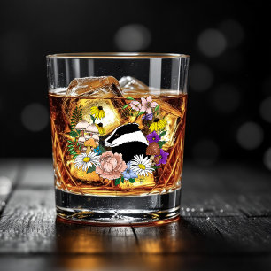 Woodland Badger Wildflowers Mushrooms Sage Green Whiskey Glass
