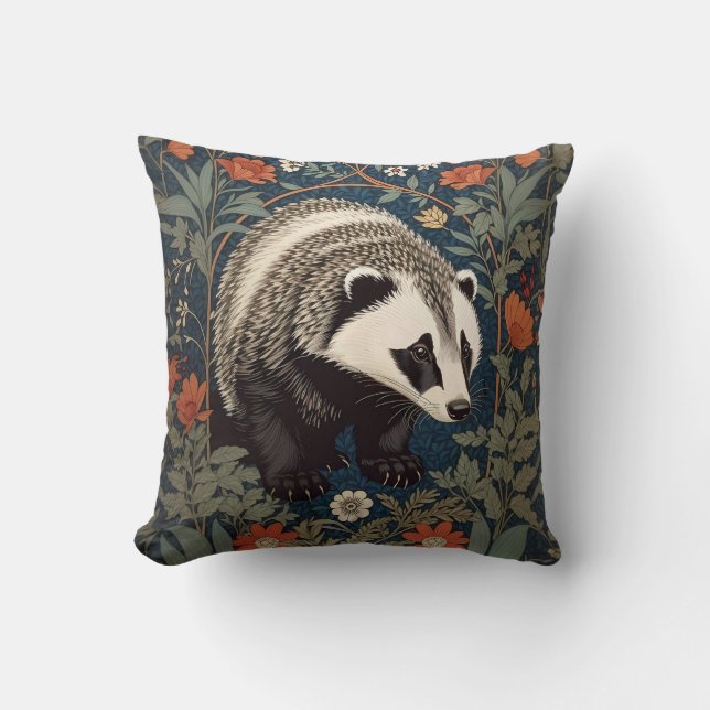 Woodland Badger William Morris Inspired Cushion (Front)