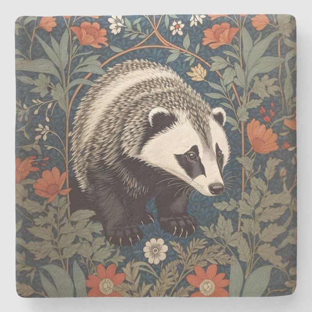 Woodland Badger William Morris Inspired Stone Coaster (Front)