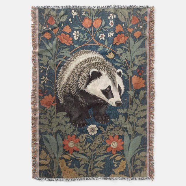 Woodland Badger William Morris Inspired Throw Blanket (Front Vertical)