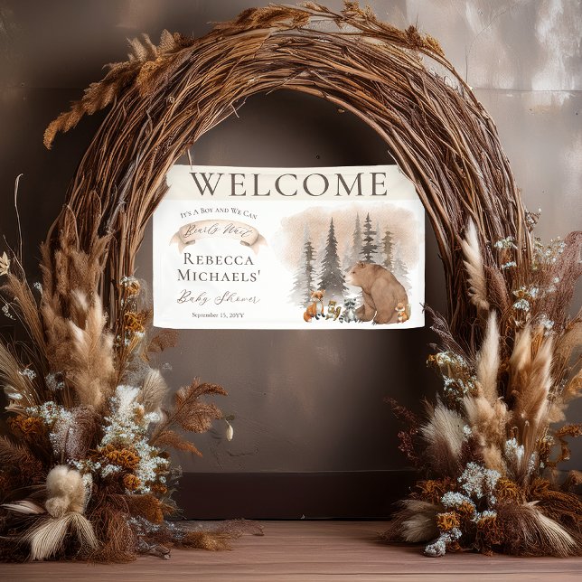 Woodland Bear |Animals Bearly Wait Boy Baby Shower Banner (Rustic Woodland Bear and Forest Animals Boy Baby Shower "Bearly Wait" "Welcome" Banner Sign )