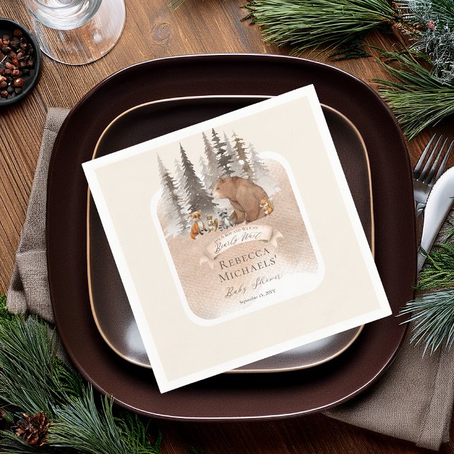 Woodland Bear |Animals Bearly Wait Boy Baby Shower Napkin (Rustic Woodland Bear and Forest Animals Boy "Bearly Wait" Baby Shower Paper Napkins)