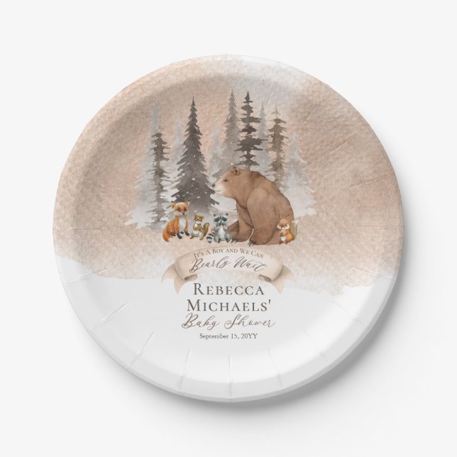 Woodland Bear |Animals Bearly Wait Boy Baby Shower Paper Plate (Front)