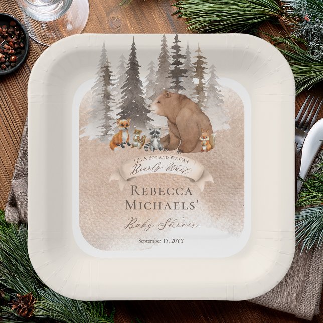 Woodland Bear |Animals Bearly Wait Boy Baby Shower Paper Plate (Rustic Woodland Bear and Forest Animals Boy "Bearly Wait" Baby Shower Square Paper Plates)