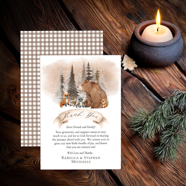 Woodland Bear |Animals Bearly Wait Boy Baby Shower Thank You Card (Rustic Woodland Bear and Forest Animals "Thank You" card - from "Bearly Wait" Collection)