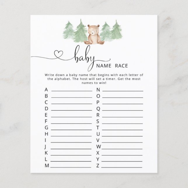 Woodland bear baby name race baby shower game (Front)