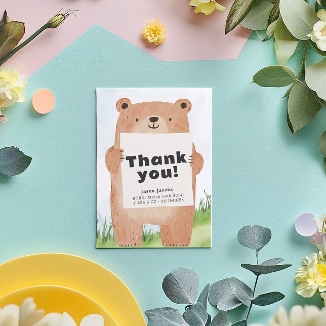 Woodland Bear Baby Shower Gratitude thank you Invitation (Cute baby boy bear holding a "Thank you" sign illustration on a grassy hill with baby details)