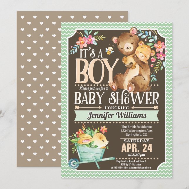 Woodland Bear Baby Shower Invitation Boy (Front/Back)