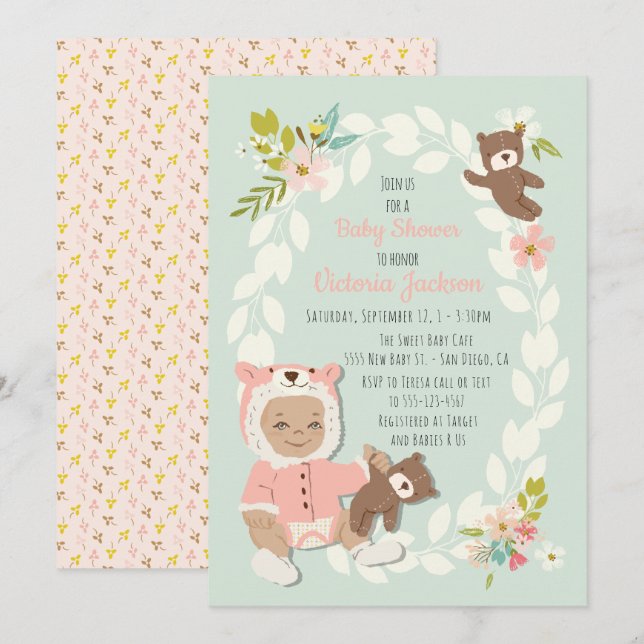 Woodland Bear baby shower invitations (Front/Back)