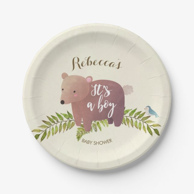 woodland bear baby shower paper plate its a boy (Front)