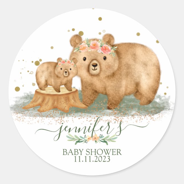 Woodland Bear Baby Shower Sticker | Event Favour (Front)