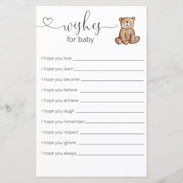 Woodland Bear Baby Shower Wishes For Baby (Front)