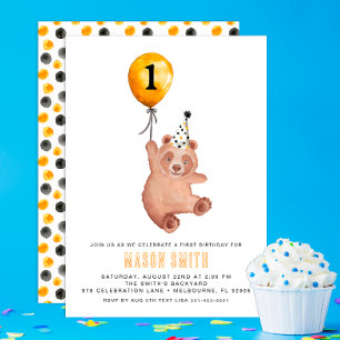 Woodland Bear Balloon 1st Birthday Invitation