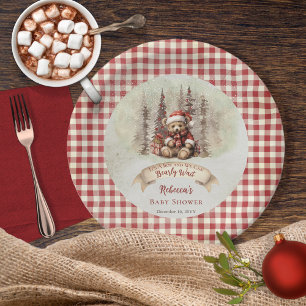 Woodland Bear Bearly Wait Holiday Boy Baby Shower Paper Plate