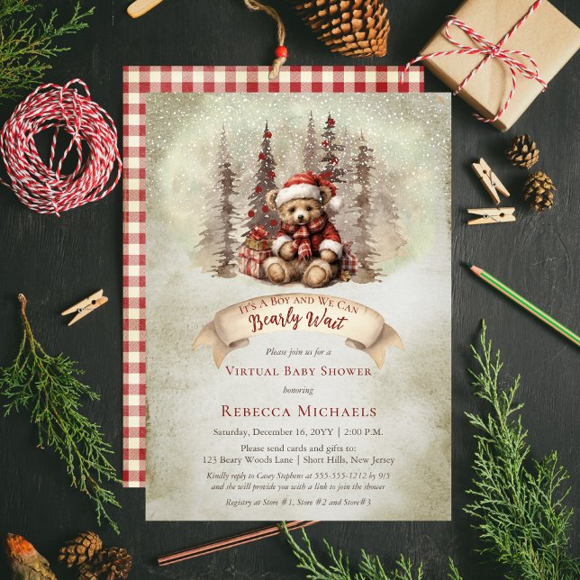 Woodland Bear Bearly Wait Virtual Boy Baby Shower Invitation ("It's A Boy and We Can Bearly Wait" "Virtual Baby Shower" rustic woodland Christmas invite design)