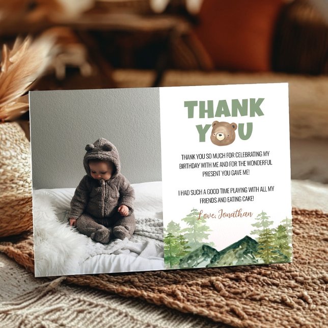 Woodland Bear Birthday Photo Thank You Card (Creator Uploaded)