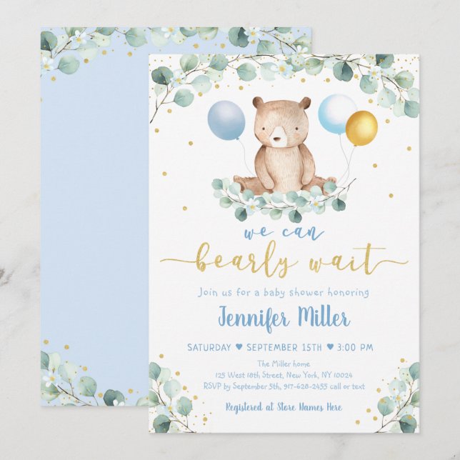Woodland Bear Blue Gold Greenery Baby Shower Invitation (Front/Back)