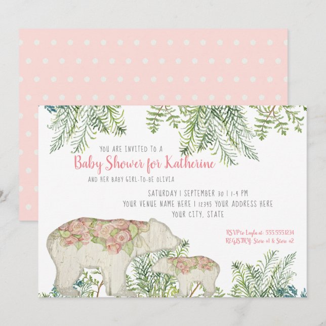 Woodland Bear Boho Floral Baby Girl Shower Invitation (Front/Back)