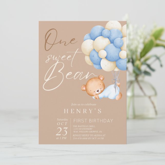 Woodland Bear Boy 1st Birthday Party Pastel  Invitation (Standing Front)