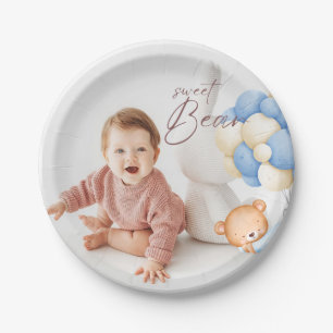 Woodland Bear Boy 1st Birthday Party Pastel Photo Paper Plate