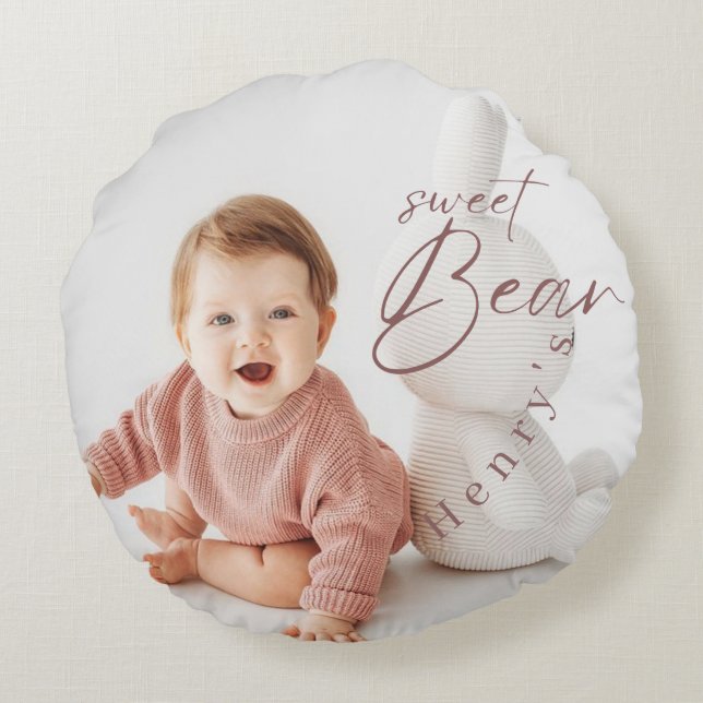 Woodland Bear Boy 1st Birthday Party Pastel Photo  Round Cushion (Back)