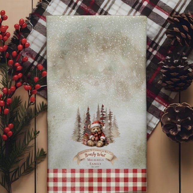 Woodland Bear Christmas Is Coming Bearly Wait  Tea Towel (Woodland Bear "Christmas Is Coming and We Can Bearly Wait" Kitchen Towel)