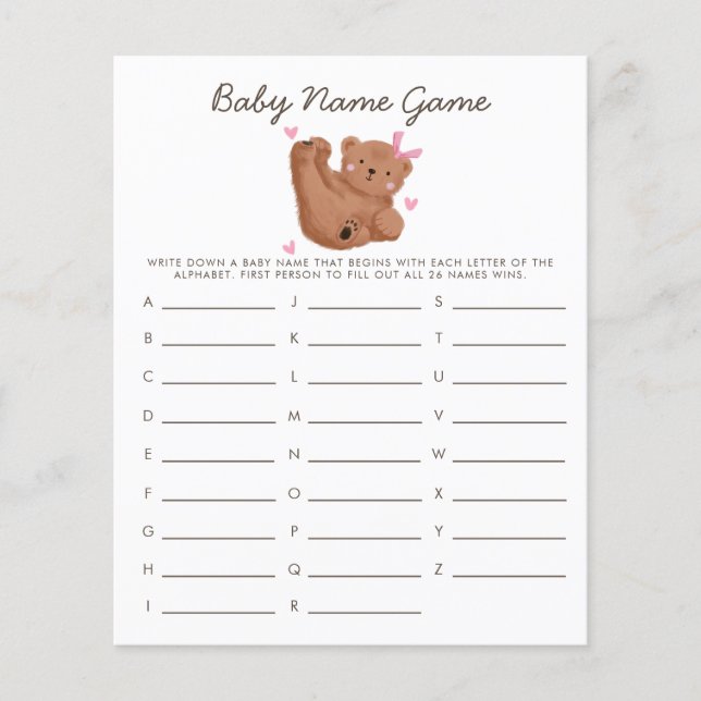 Woodland Bear Girl Baby Name Shower Game (Front)