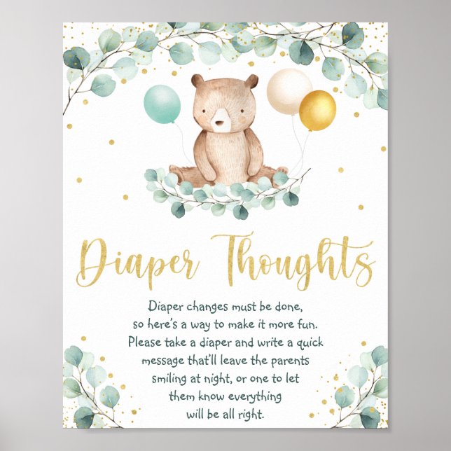 Woodland Bear Greenery Gold Diaper Thoughts Sign (Front)