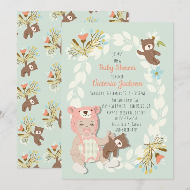 Woodland Bear hat baby girl shower invitations (Front/Back)
