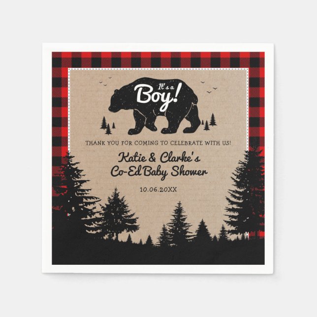 Woodland Bear Lumberjack Co-Ed Boy Baby Shower Napkin (Front)