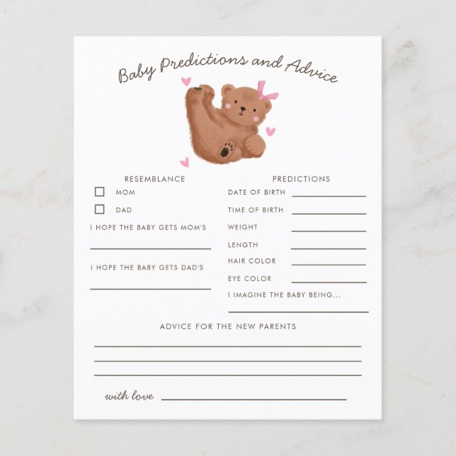 Woodland Bear Pink Baby Predictions & Advice Card (Front)
