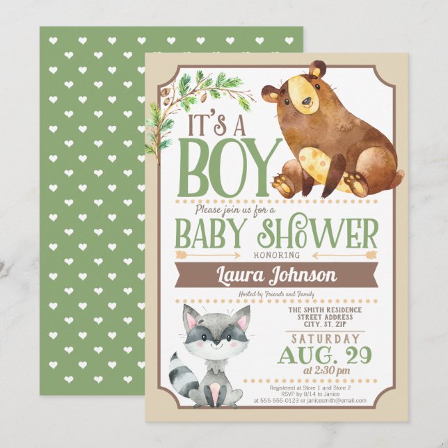 Woodland Bear & Racoon Boy Baby Shower Invitation (Front/Back)