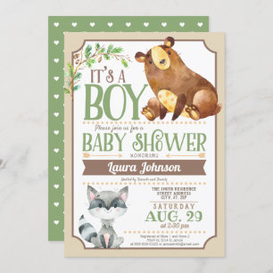Woodland Bear & Racoon Boy Baby Shower Invitation
