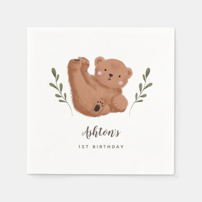 Woodland Bear Theme Boy Birthday Party  Napkin (Front)